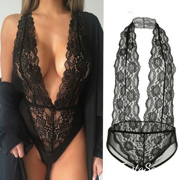 Other - LAST ONE!! Sexy Floral Lace Halter Teddy Black